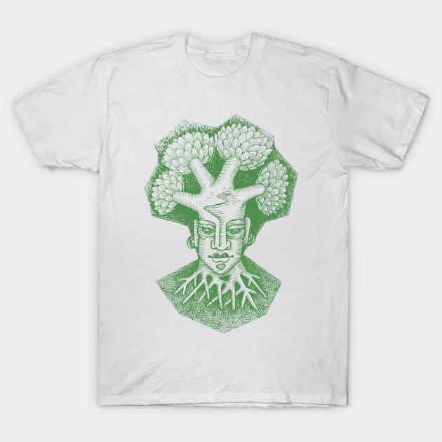 Forest God Soul Expression with Side Profile of a Man and His Head with Leafy Tree Branches Hand Drawn Illustration with Pen and Ink Cross Hatching Technique 1 T-Shirt by GeeTee